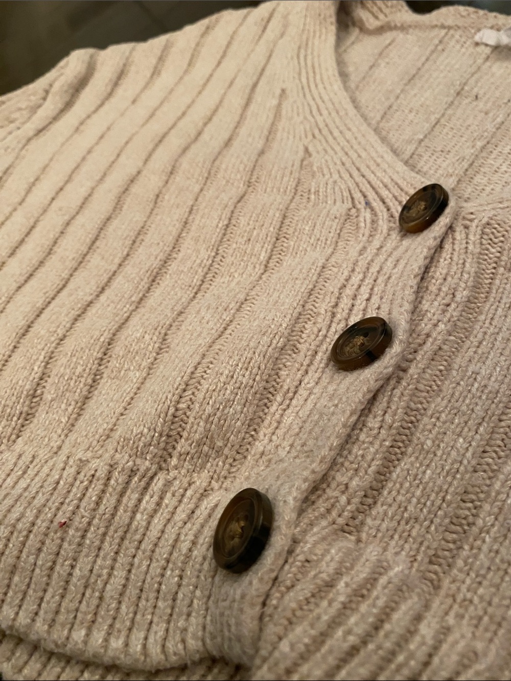 Garage Cropped Ribbed V-Neck Button-Front Cardigan - Cream - Picture 2 of 4